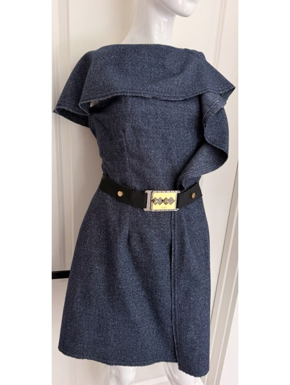 FENDI Women’s Dress Size 40 Blue Virgin Wool Silk Lined Belted NWT Italy